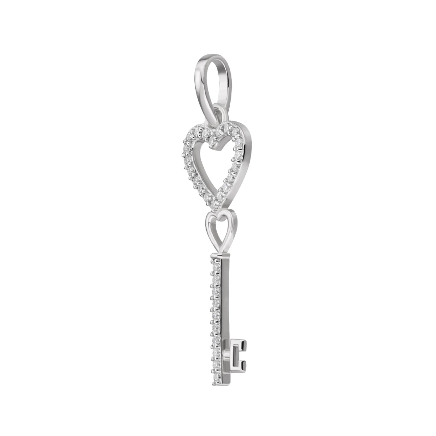 Sterling Silver Round Moissanite Double Heart Key Designer Pendant 1/6 Ctw