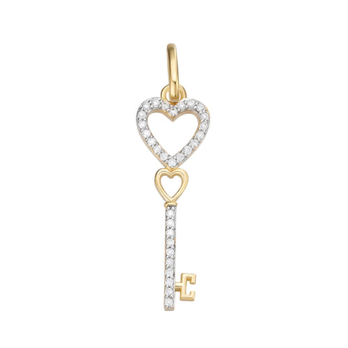 Sterling Silver Round Moissanite Double Heart Key Designer Pendant 1/6 Ctw