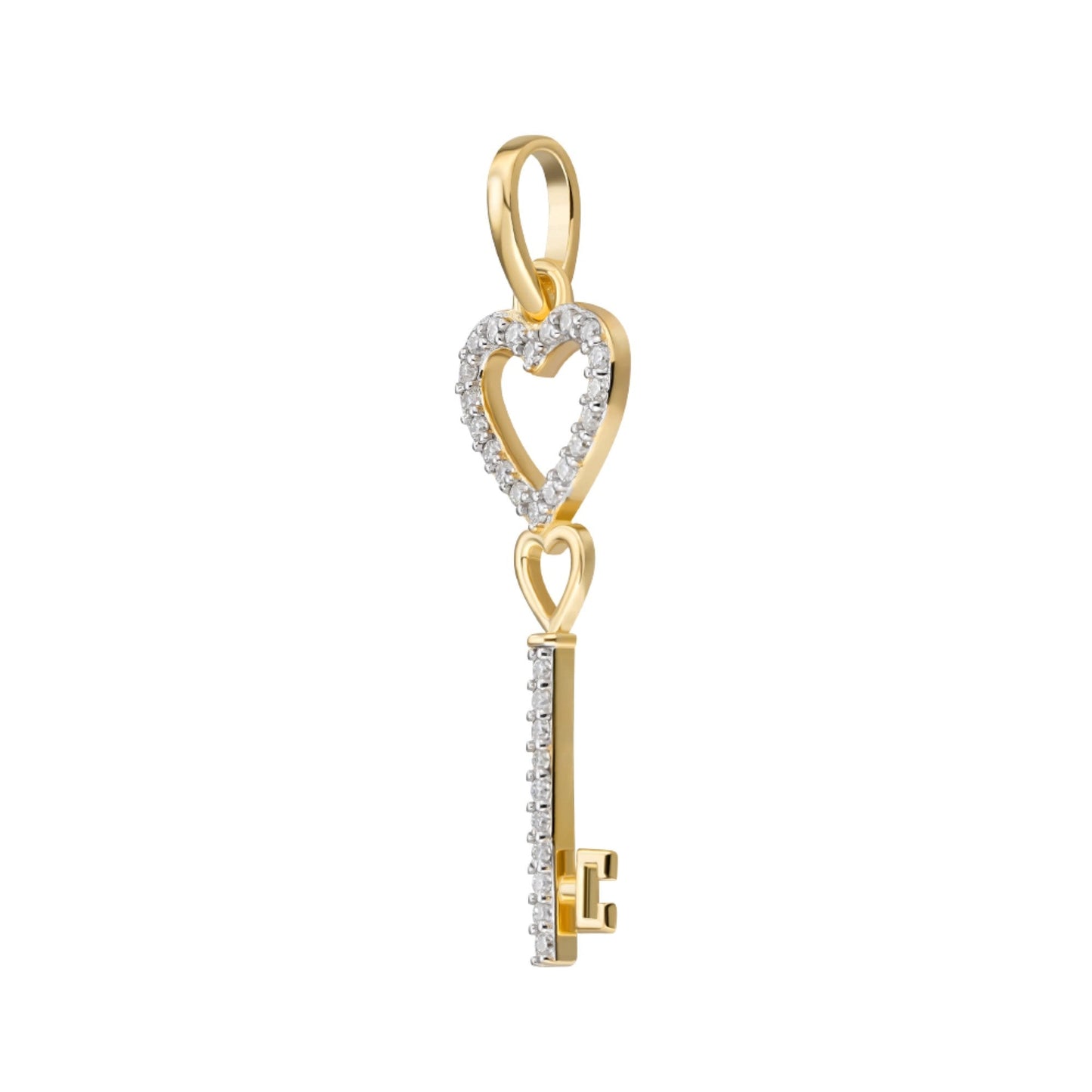 Sterling Silver Round Moissanite Double Heart Key Designer Pendant 1/6 Ctw