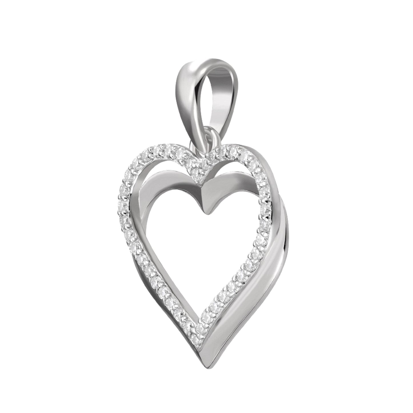 Sterling Silver Round Moissanite Double Row Heart Designer Pendant 1/5 Ctw