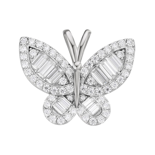 Sterling Silver Round Baguette Moissanite Butterfly Animal Pendant 1-7/8 Ctw