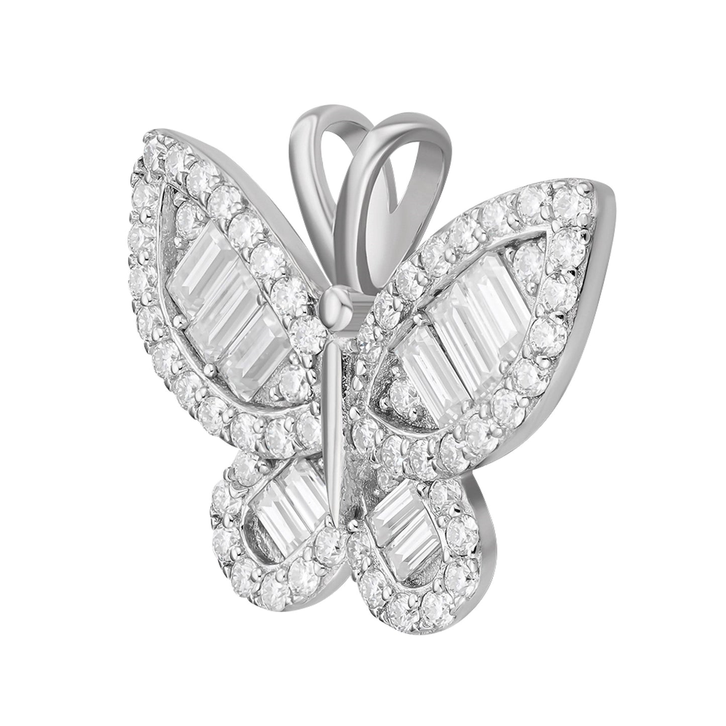 Sterling Silver Round Baguette Moissanite Butterfly Animal Pendant 1-7/8 Ctw