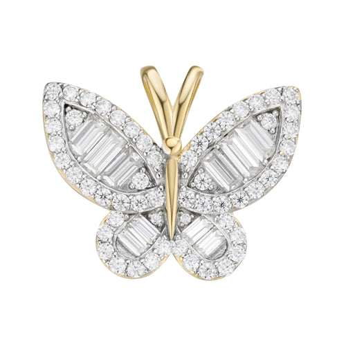 Sterling Silver Round Baguette Moissanite Butterfly Animal Pendant 1-7/8 Ctw