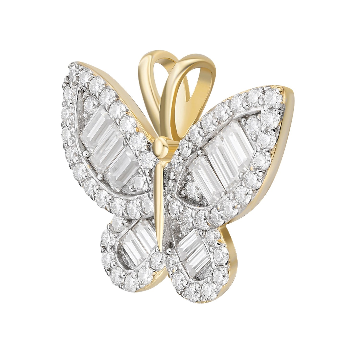 Sterling Silver Round Baguette Moissanite Butterfly Animal Pendant 1-7/8 Ctw