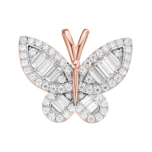 Sterling Silver Round Baguette Moissanite Butterfly Animal Pendant 1-7/8 Ctw
