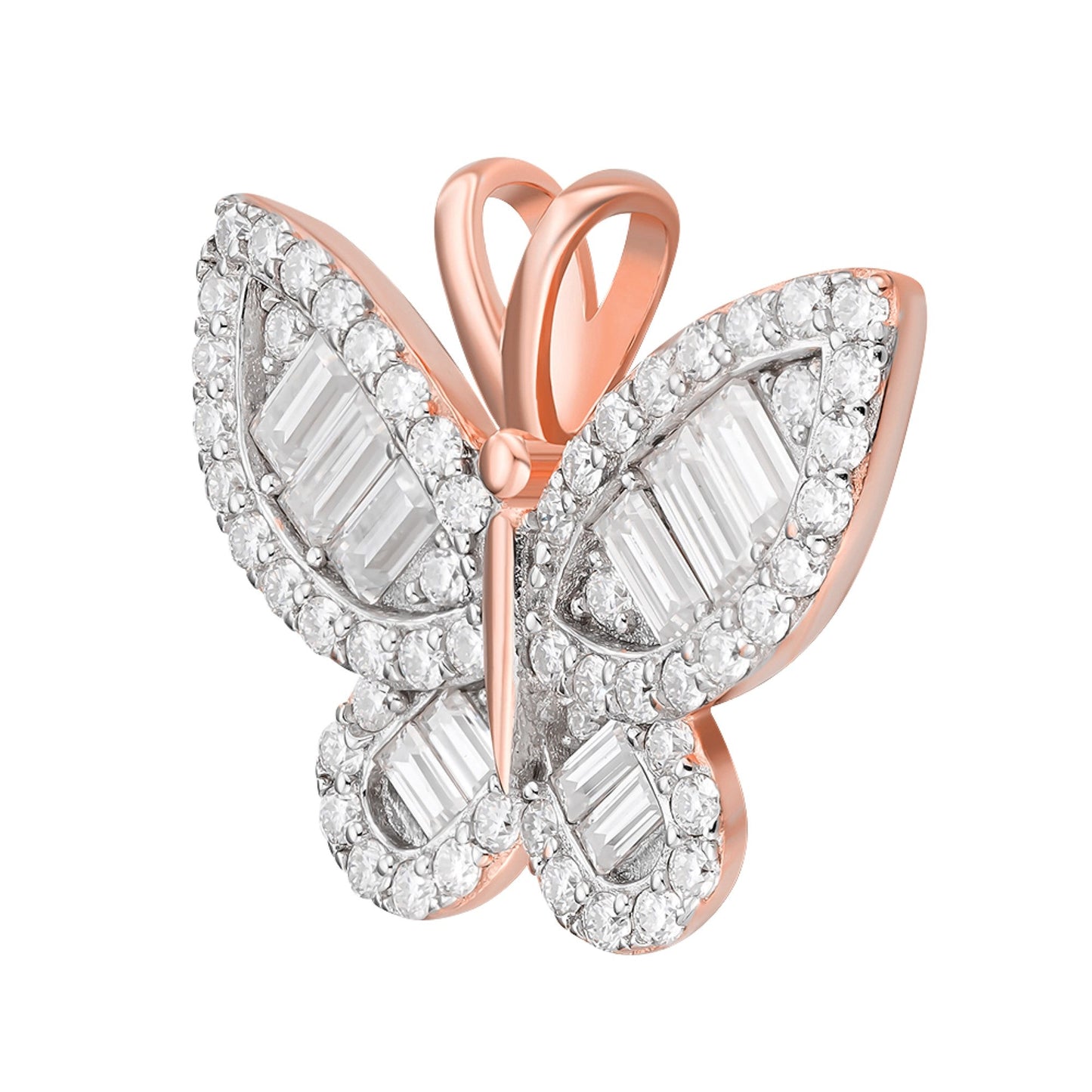 Sterling Silver Round Baguette Moissanite Butterfly Animal Pendant 1-7/8 Ctw