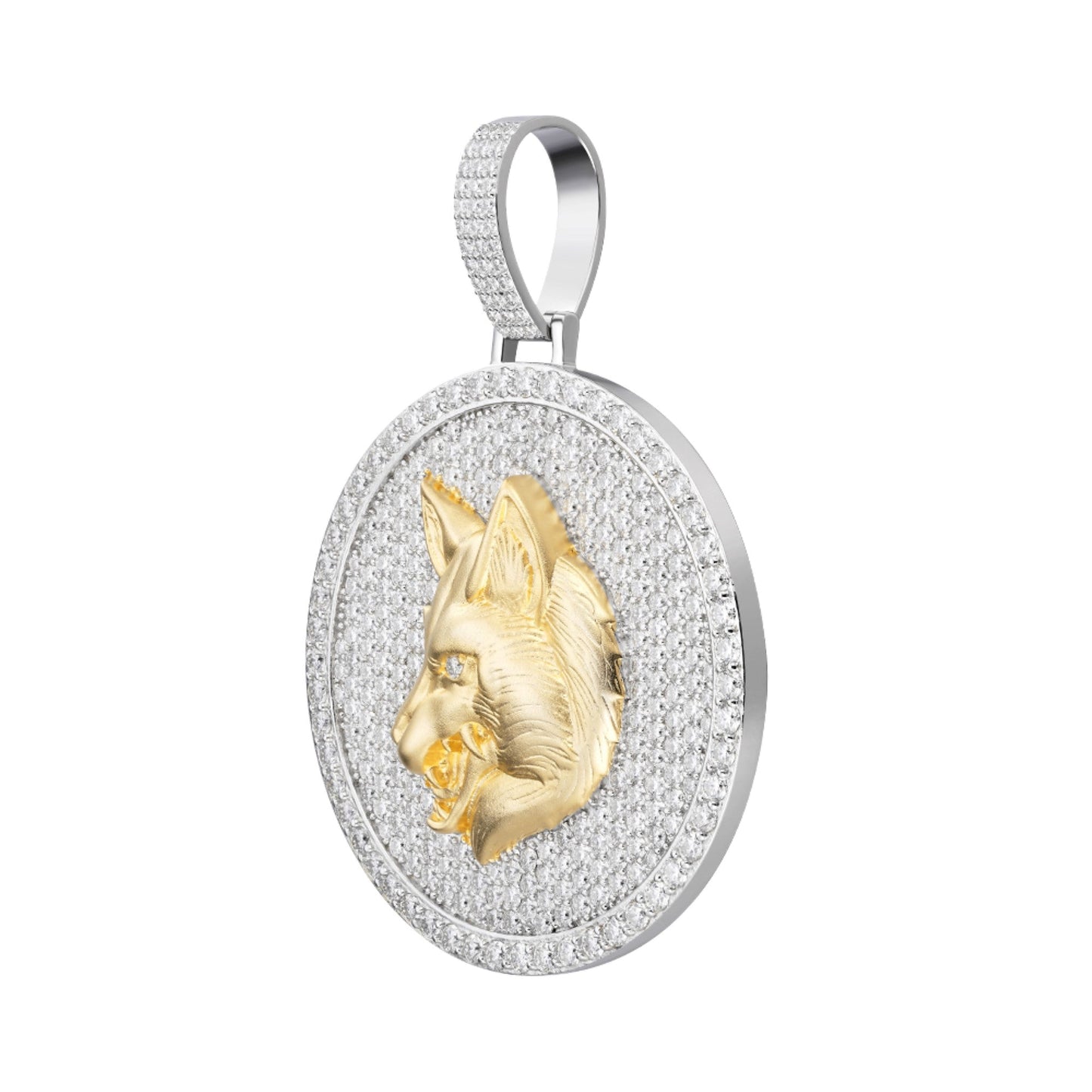 Sterling Silver Round Moissanite Wolf Animal Pendant 10-7/8 Ctw