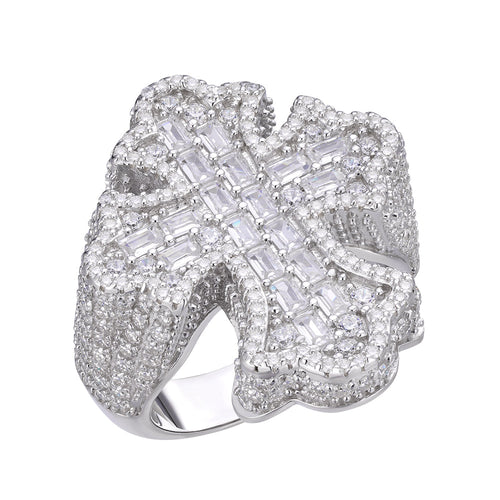 Sterling Silver Round Moissanite With White CZ Men Cross Religious Size 10 Ring 2-5/8 Ctw