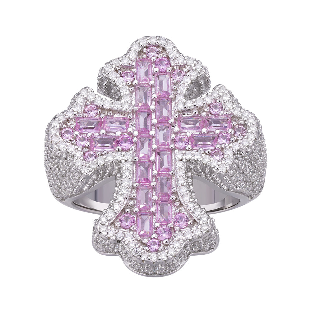 Sterling Silver Round Moissanite With Rose CZ Men Cross Religious Size 10 Ring 2-5/8 Ctw