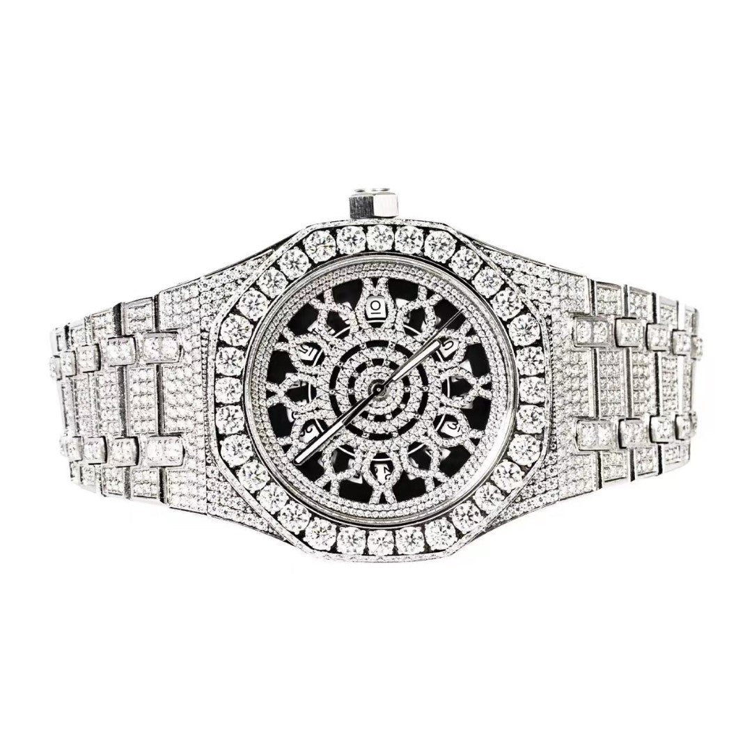 Moissanite Stainless Steel Skeleton Dial White Band Men Watch