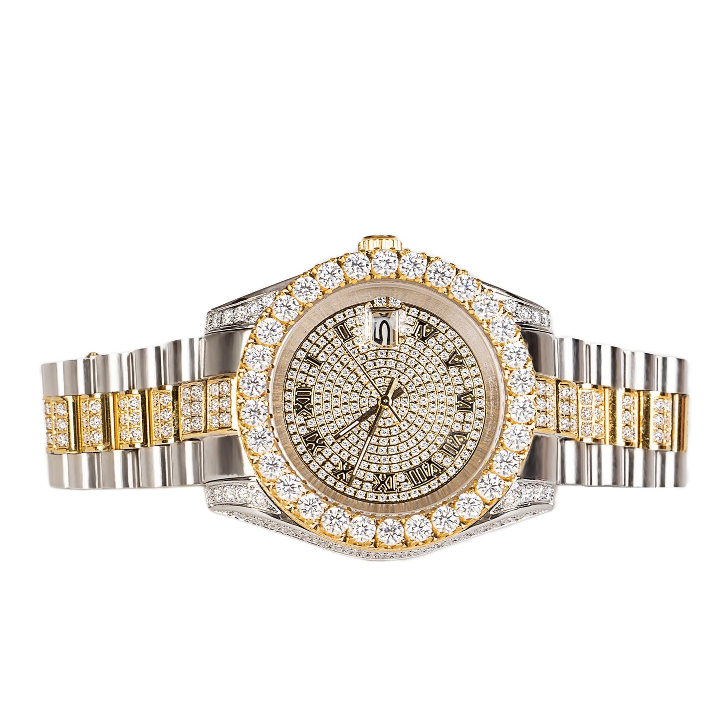 Moissanite Stainless Steel Men Yellow White Two Tone Steel Band Watch