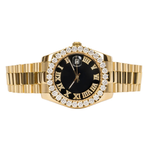 Moissanite Stainless Steel Black Dial Men Yellow Steel Band Watch