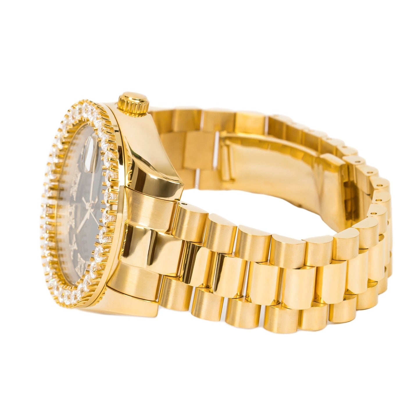 Moissanite Stainless Steel Black Dial Men Yellow Steel Band Watch