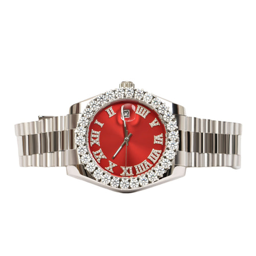 Moissanite Stainless Steel Red Dial Men White Steel Band Watch