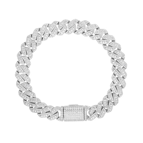 Sterling Silver Round Big Stone in Center Surrounded with Small Stones 10mm Moissanite Cuban Chain 8Inch Bracelet 6-7/8 Ctw