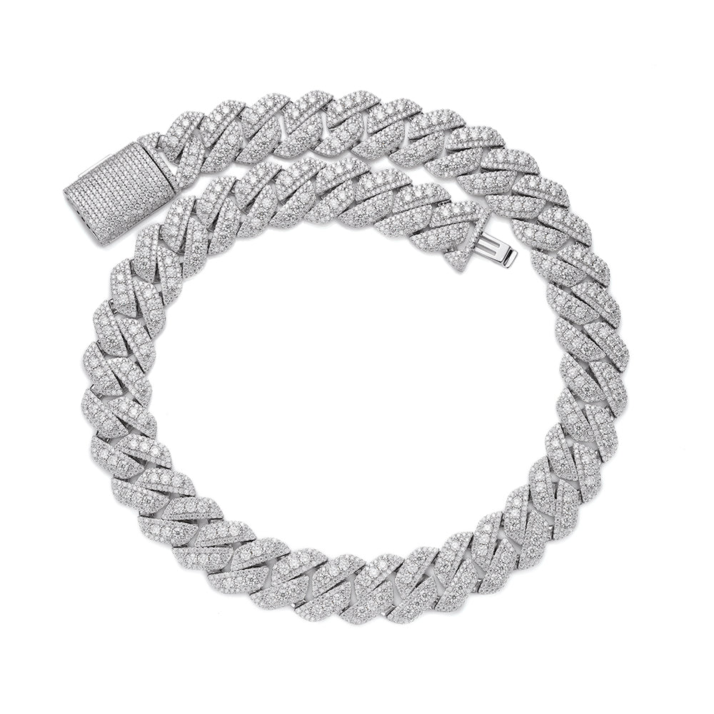Sterling Silver Round Big Stone in Center Surrounded with Small Stones 12mm Moissanite Cuban Chain 8Inch Bracelet 10-7/8 Ctw