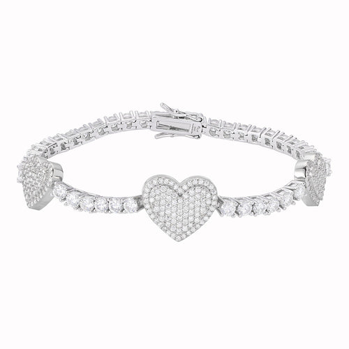 Sterling Silver Round Moissanite 15mm Heart Designer With 3mm Tennis Chain 7 Inch Bracelet 1-1/8 Ctw