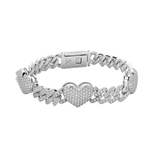 Sterling Silver Round Moissanite Cuban Heart Link Designer 7.5 Inch Bracelet 5-5/8 Ctw