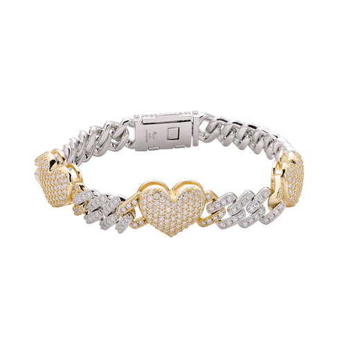 Sterling Silver Round Moissanite Cuban Heart Link Designer 7.5 Inch Bracelet 5-5/8 Ctw