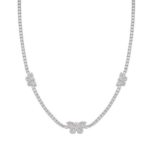 Sterling Silver Round Baguette Moissanite Butterfly Designer 18 Inch Necklace 1-5/8 Ctw
