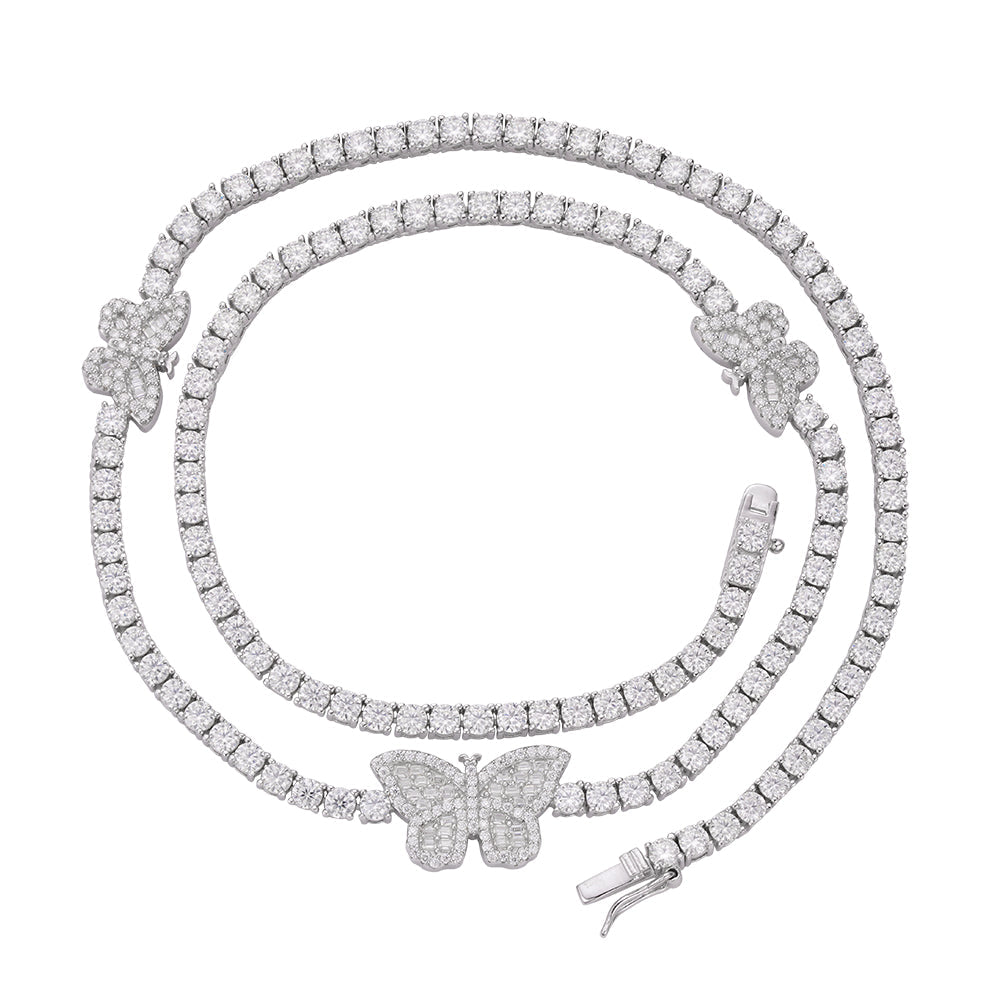 Sterling Silver Round Baguette Moissanite Butterfly Designer 18 Inch Necklace 1-5/8 Ctw