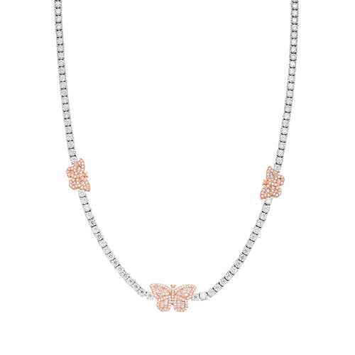 Sterling Silver Round Baguette Moissanite Butterfly Designer 18 Inch Necklace 1-5/8 Ctw