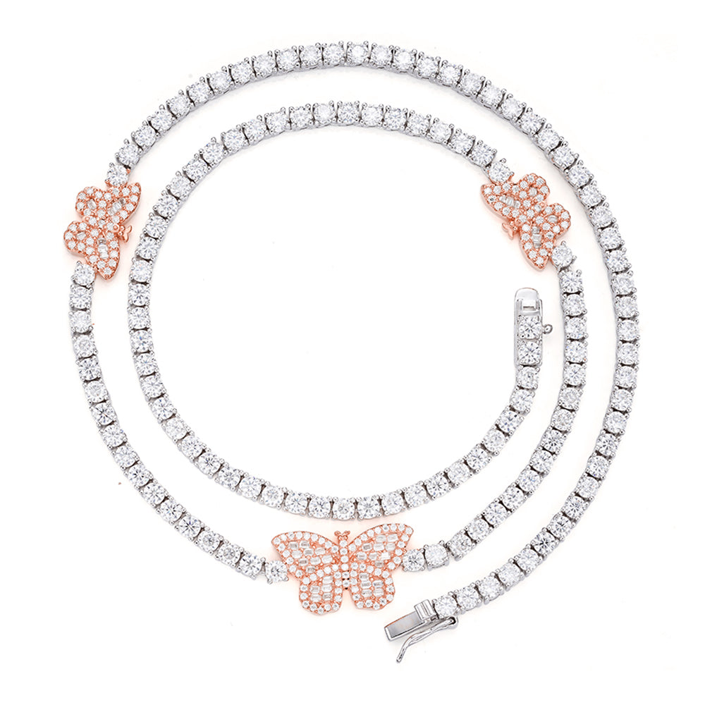 Sterling Silver Round Baguette Moissanite Butterfly Designer 18 Inch Necklace 1-5/8 Ctw