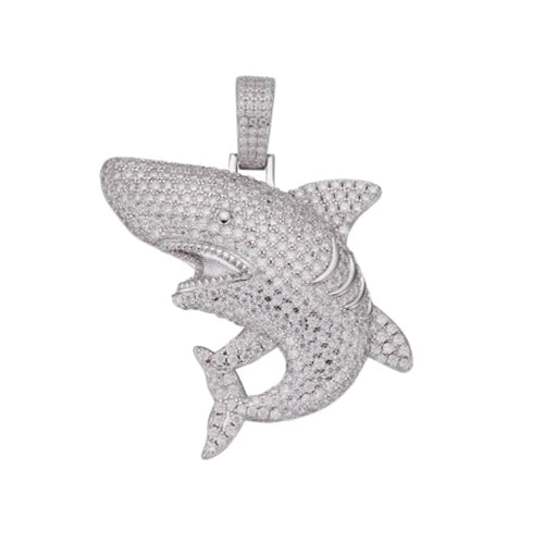 Sterling Silver Moissanite Shark Fish Animal Pendant 3-7/8 Ctw