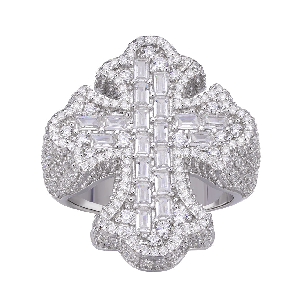 Sterling Silver Round Moissanite With White CZ Men Cross Religious Size 10 Ring 2-5/8 Ctw