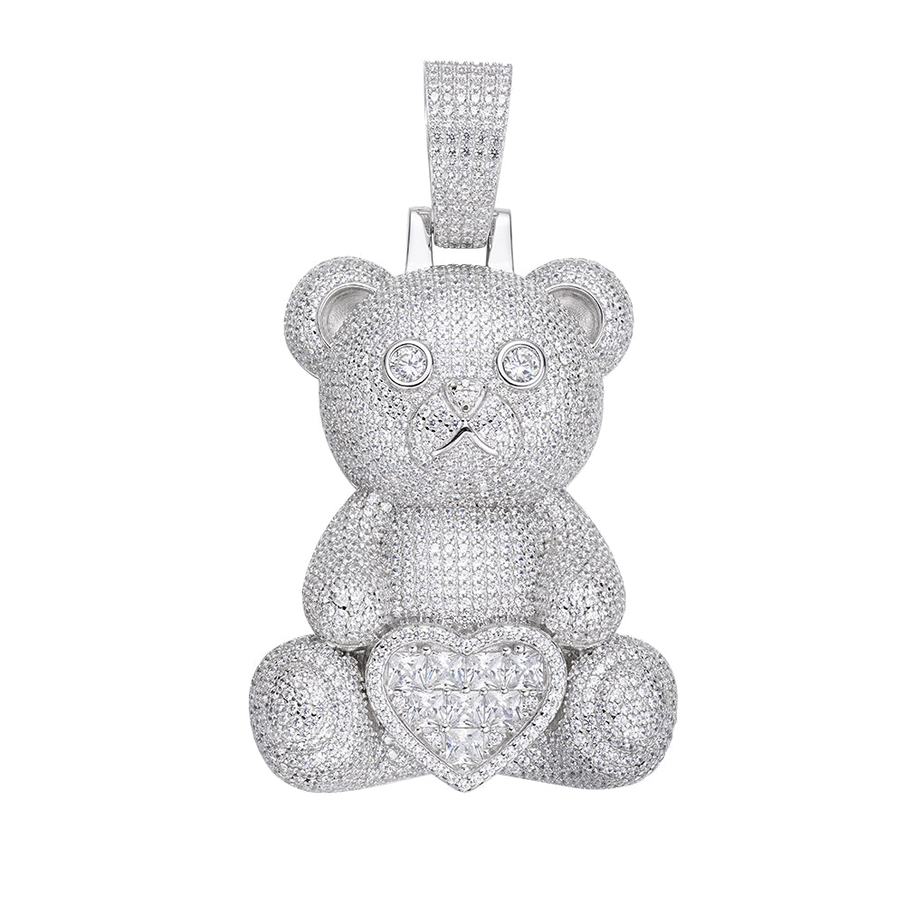 Sterling Silver 60mm Round Baguette Moissanite Teddy Animal Pendant 20-7/8 Ctw