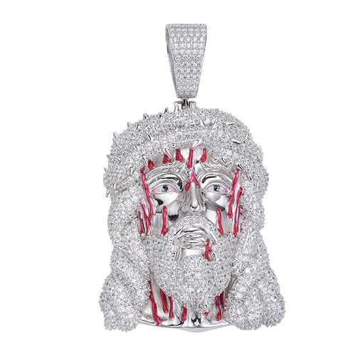Sterling Silver 60mm Round Moissanite Jesus Face Religious Pendant 21-5/8 Ctw