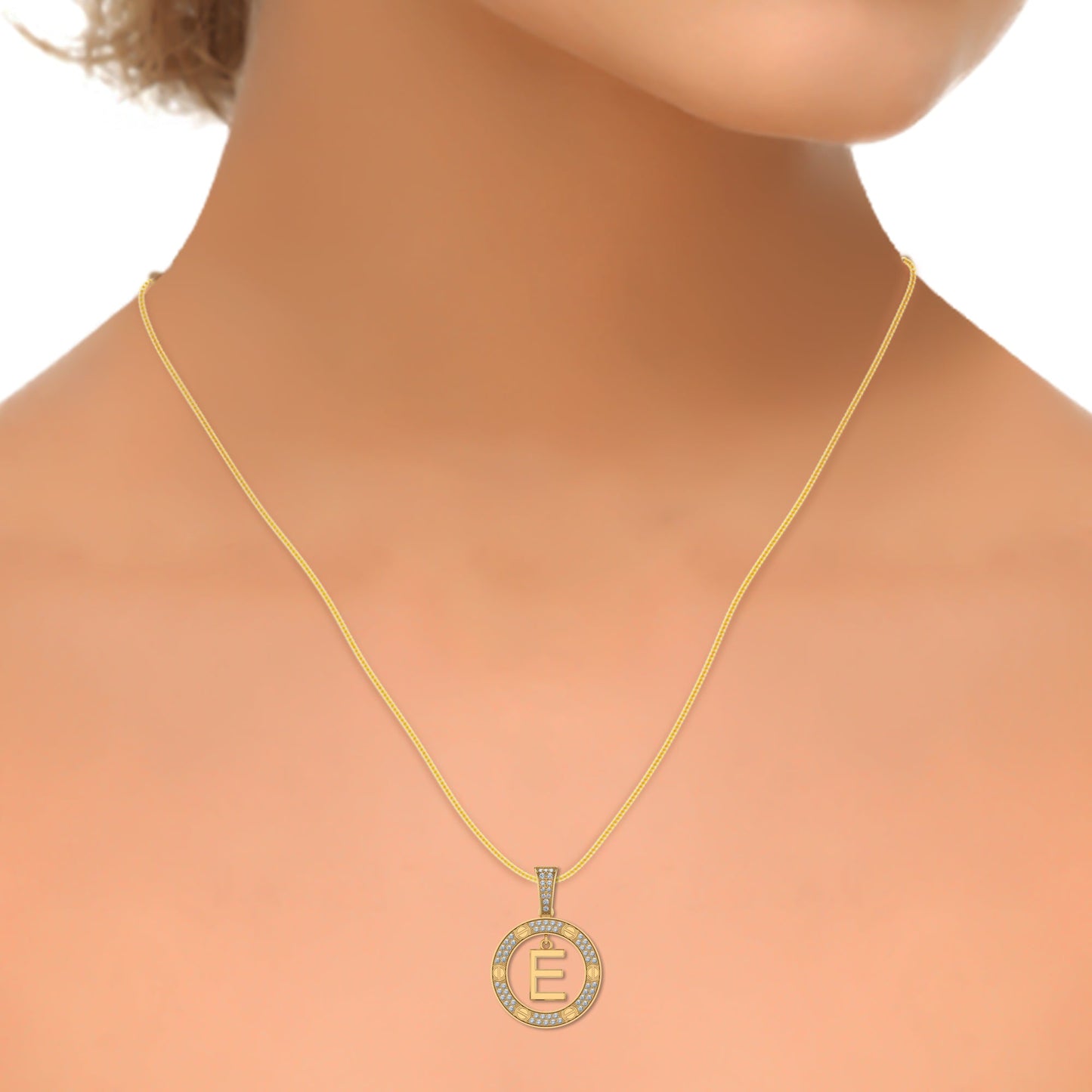 10K Yellow Gold Round Diamond E Letter Initial Pendant 1/5 Ctw