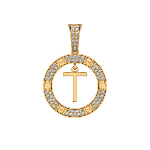 10K Yellow Gold Round Diamond T Letter Initial Pendant 1/5 Ctw