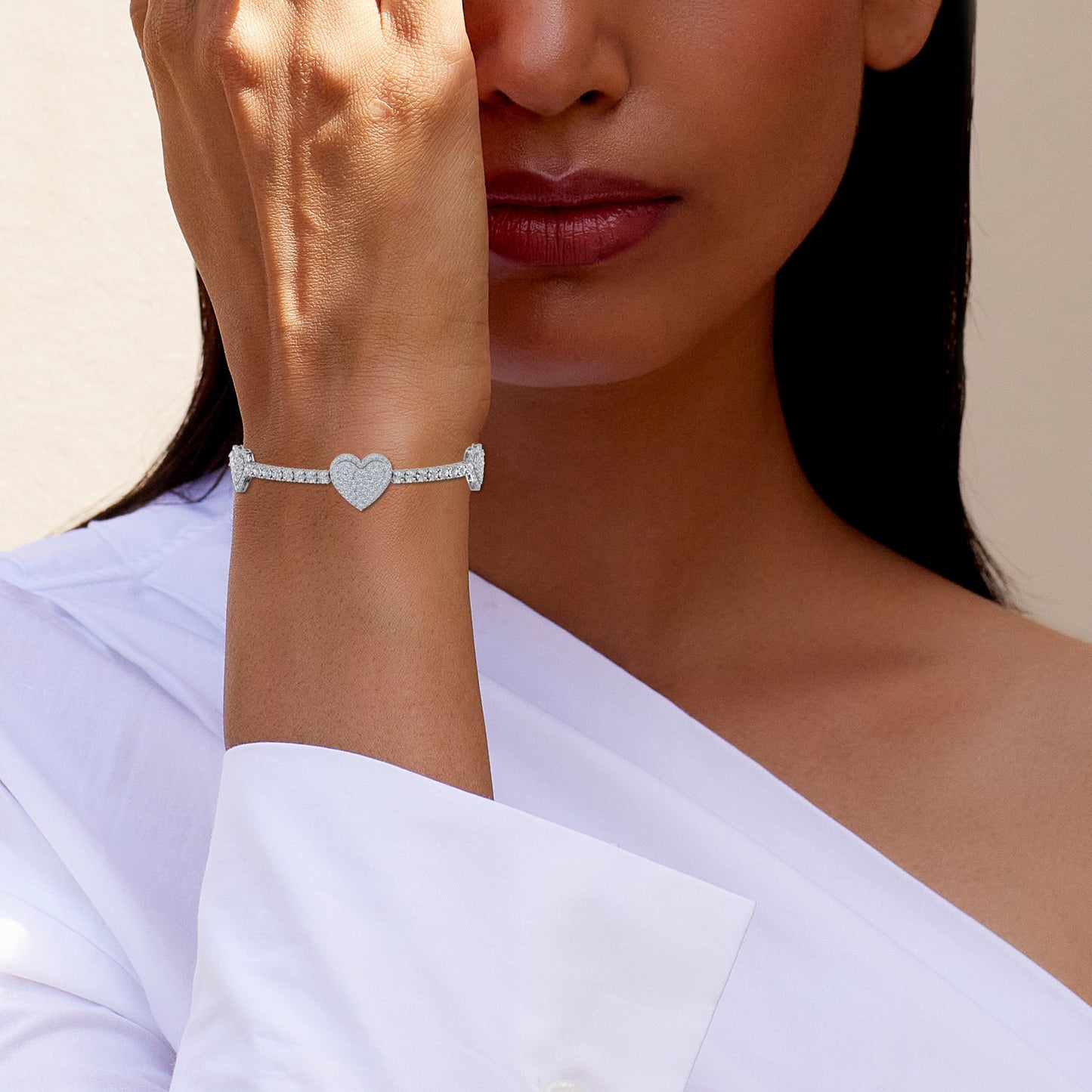 10K White Gold Round Diamond Heart Shape 7 Inch Bracelet 2 Ctw