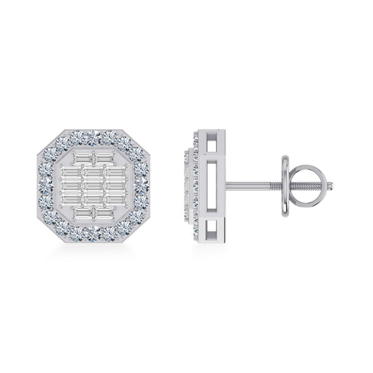 14K White Gold Round Baguette Diamond Designer Stud Earrings 1/2 Ctw