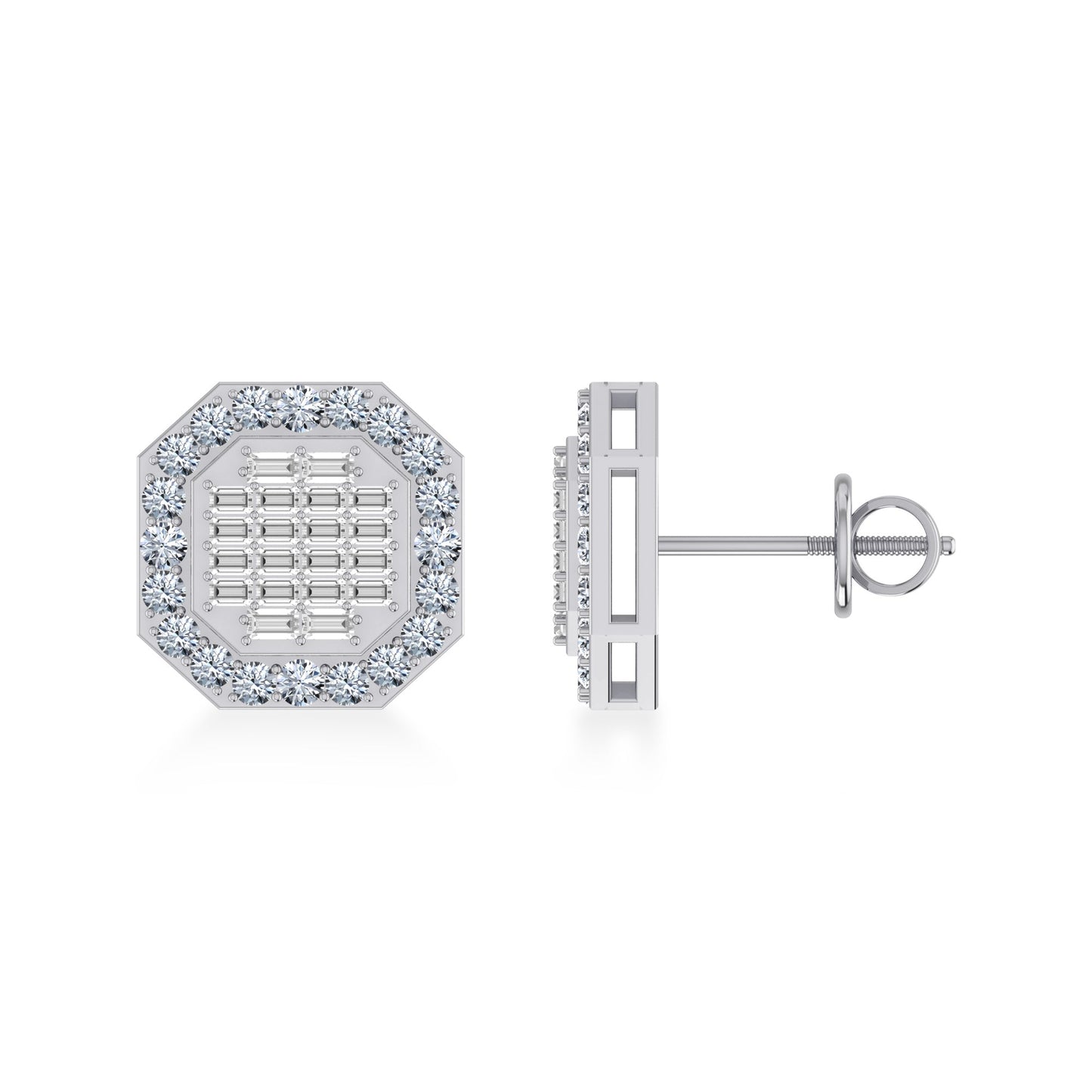 14K White Gold Round Baguette Diamond Designer Stud Earrings 7/8 Ctw