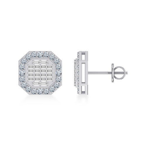 14K White Gold Round Baguette Diamond Designer Stud Earrings 7/8 Ctw