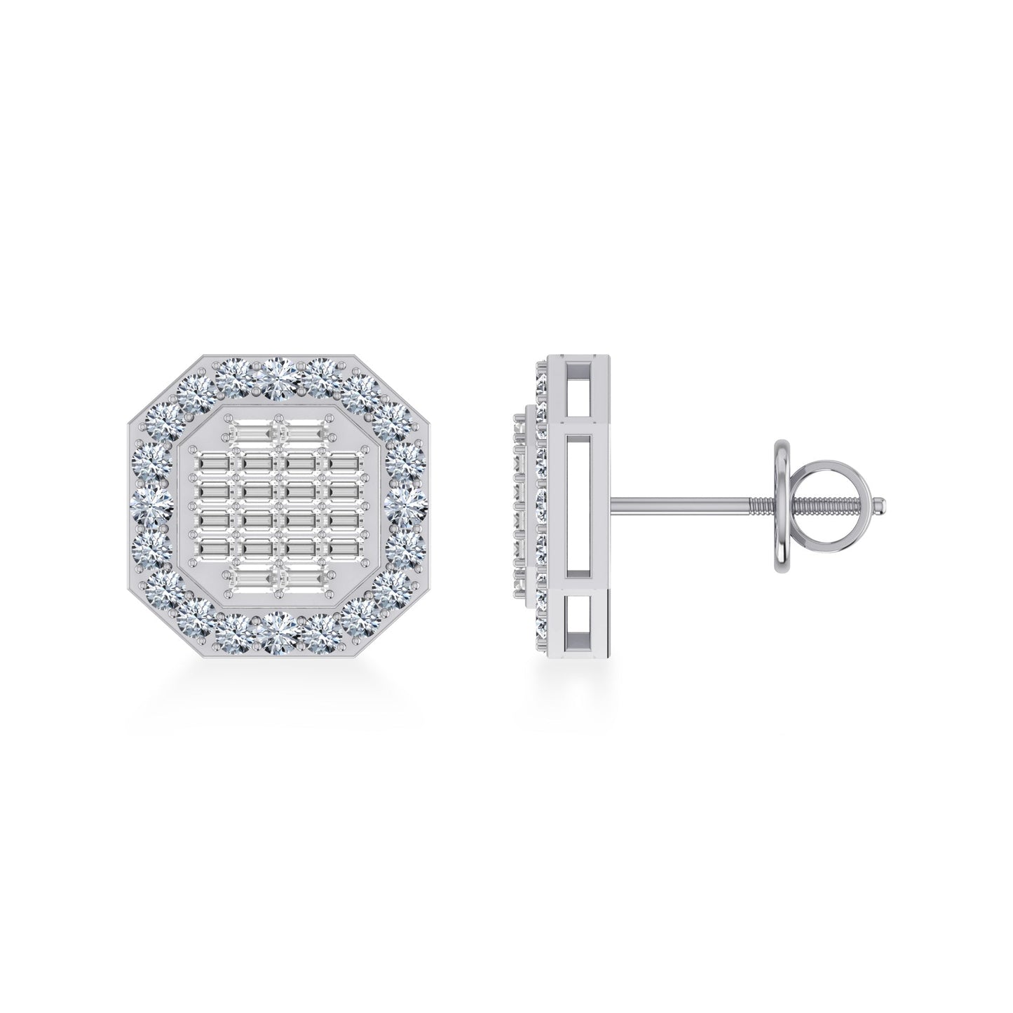14K White Gold Round Baguette Diamond Designer Stud Earrings 7/8 Ctw