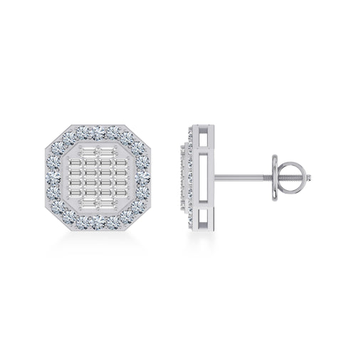 14K White Gold Round Baguette Diamond Designer Stud Earrings 7/8 Ctw