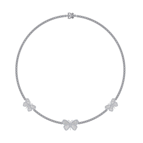 10K White Gold Round Baguette Diamond Butterfly Designer 18 Inch Necklace 1-7/8 Ctw