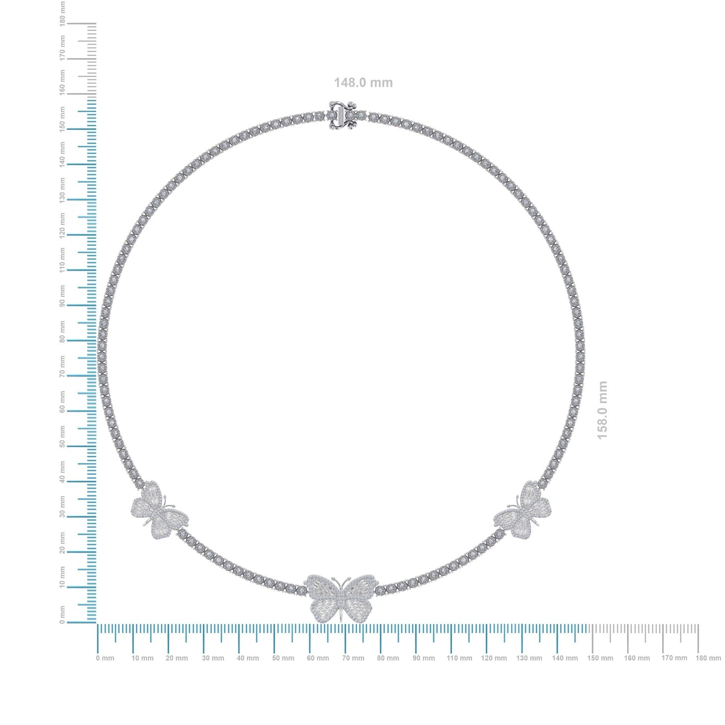 10K White Gold Round Baguette Diamond Butterfly Designer 18 Inch Necklace 1-7/8 Ctw