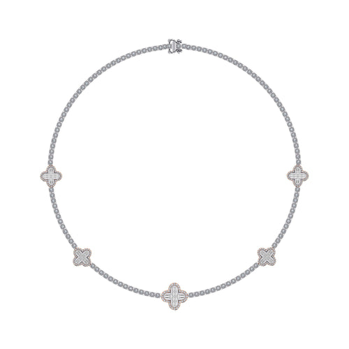 10K Rose White Two Tone Round Baguette Diamond Designer 18 Inch Necklace 2-1/5 Ctw