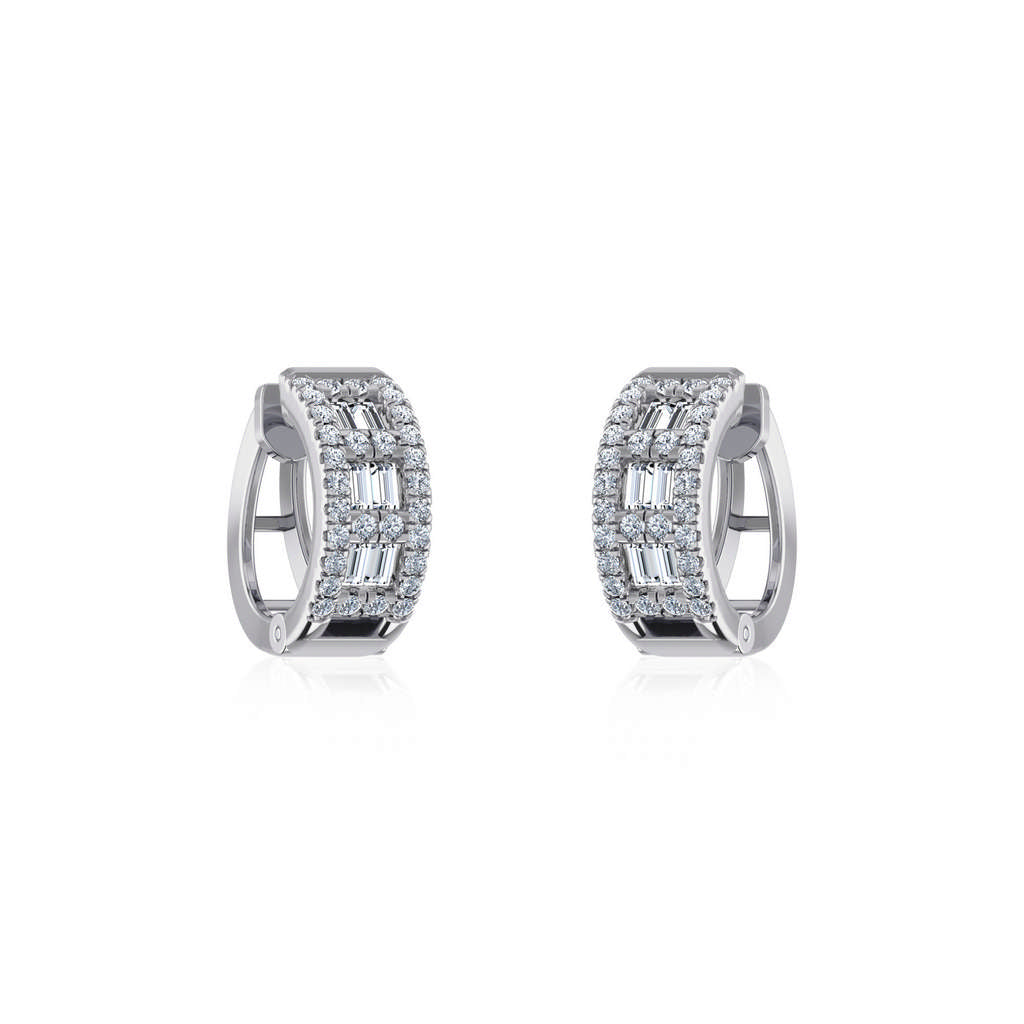 10K White Gold Womens Round Baguette Diamond Small Huggies Earrings 7/8 Ctw