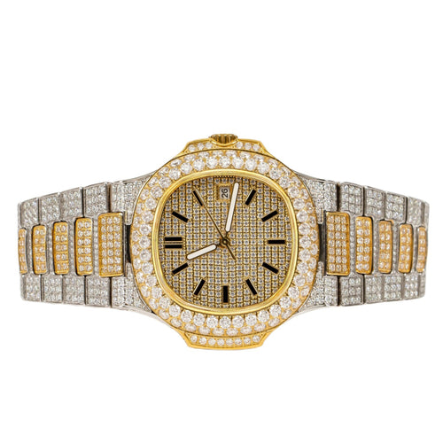 Moissanite Stainless Steel Yellow Two Tone Band Men Watch 18-1/3 Ctw
