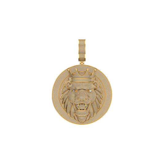 10K Yellow Gold Round Diamond Lion with Crown Pendant 2-5/8 Ctw