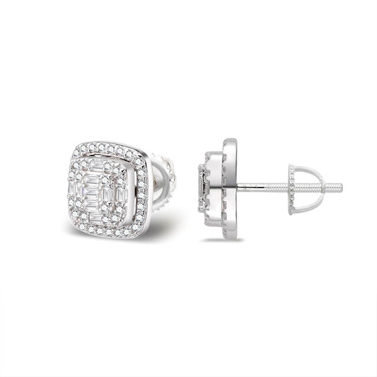 Sterling Silver Round Moissanite Square Shape Designer Stud Earrings 5/8 Ctw