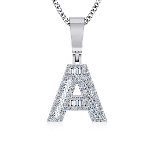10K White Gold Baguette Initial A Pendant 3/8 Ctw