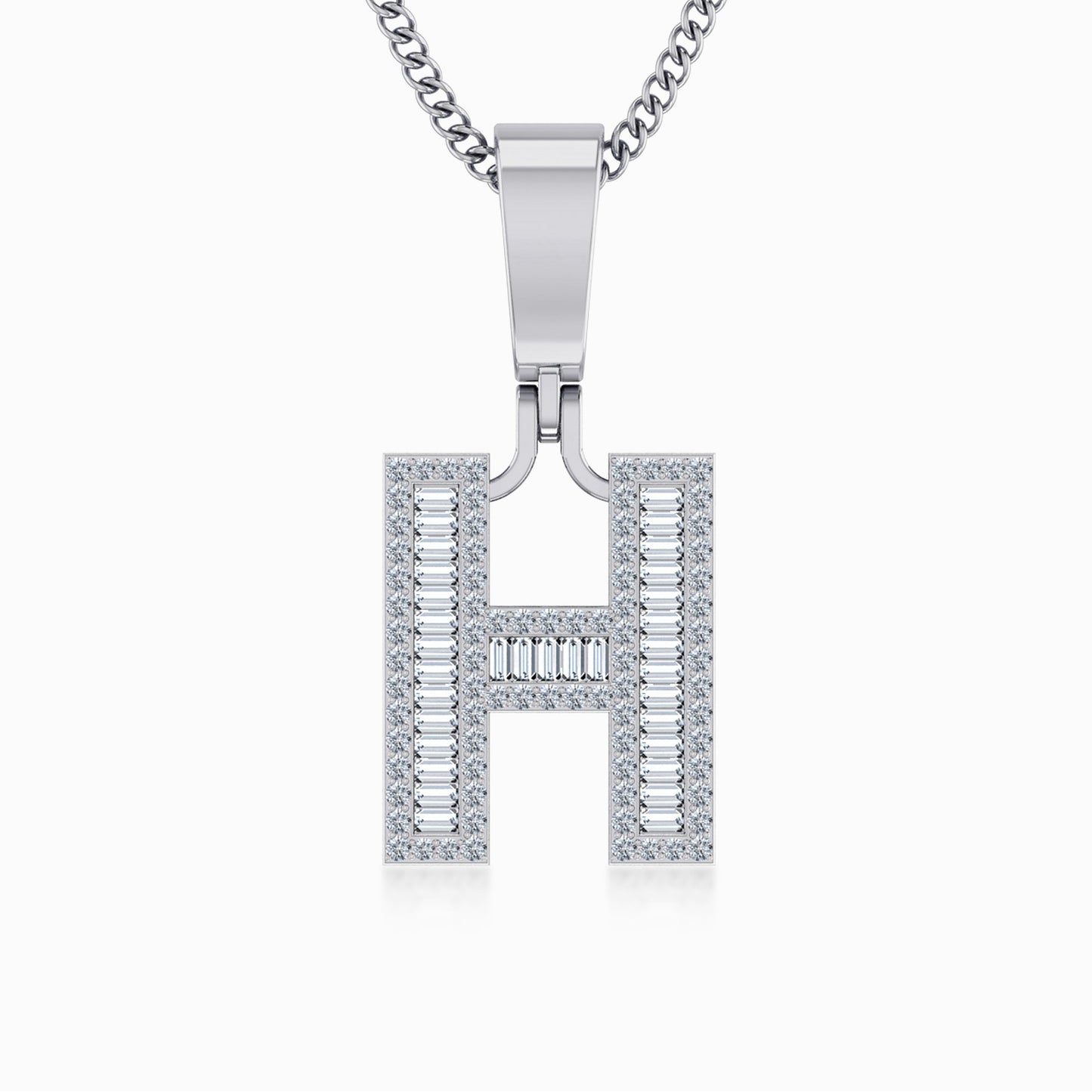 10K White Gold  Tw Baguette Initial H Pendant 3/8 Ctw
