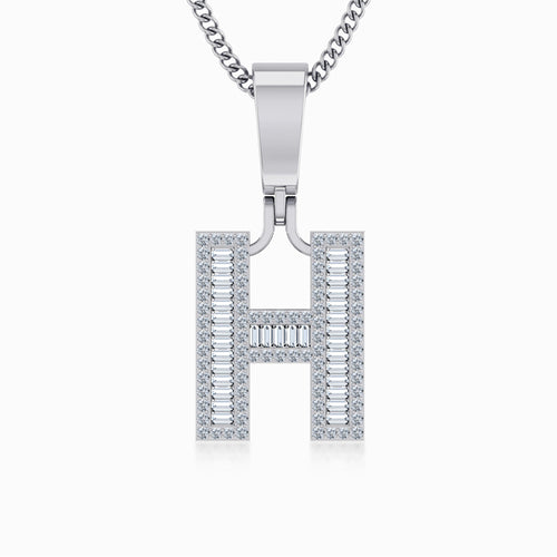 10K White Gold  Tw Baguette Initial H Pendant 3/8 Ctw