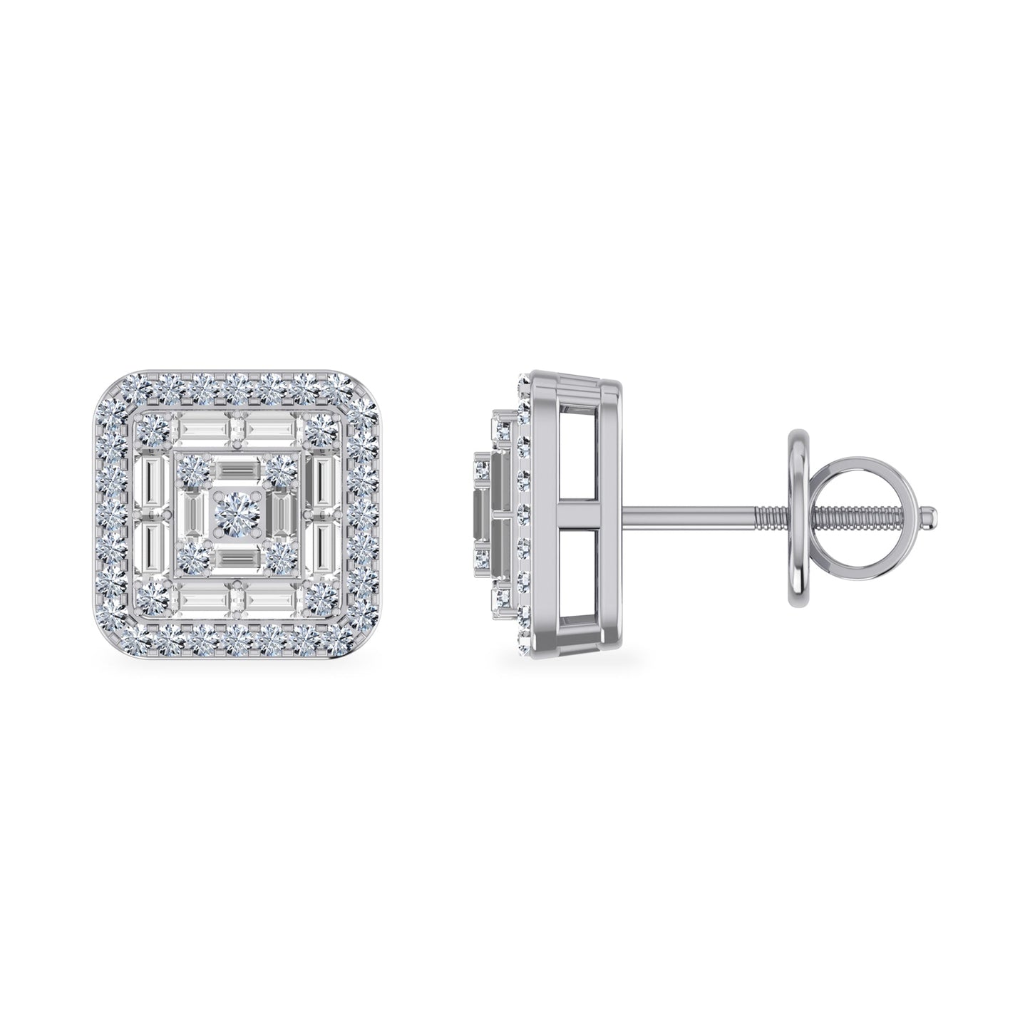 10K White Gold Round Baguette Diamond Square Shape Stud Earrings 3/8 Ctw